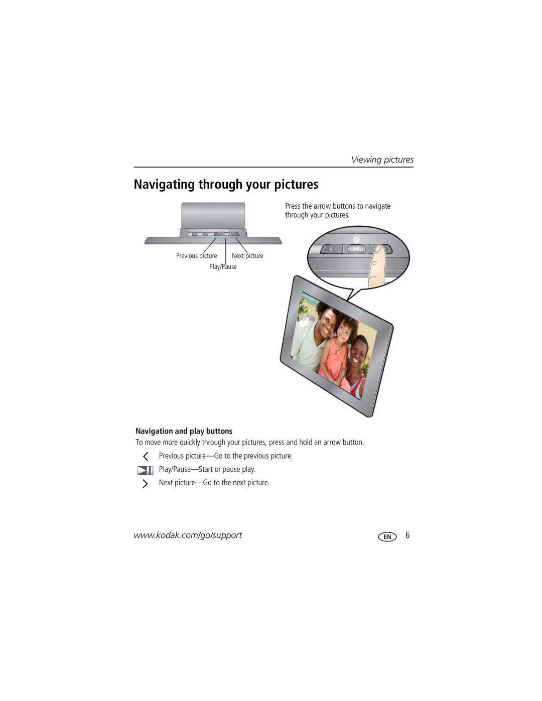 Kodak P85 manual Navigating through your pictures, Navigation and play buttons 