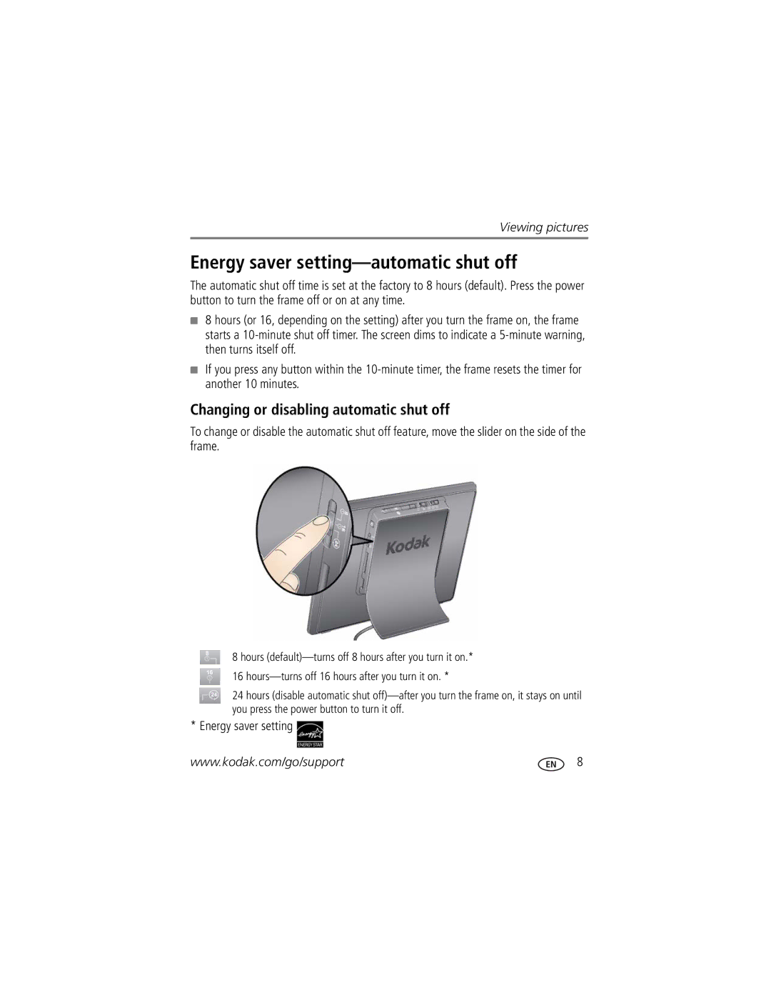 Kodak P85 manual Energy saver setting-automatic shut off, Changing or disabling automatic shut off 