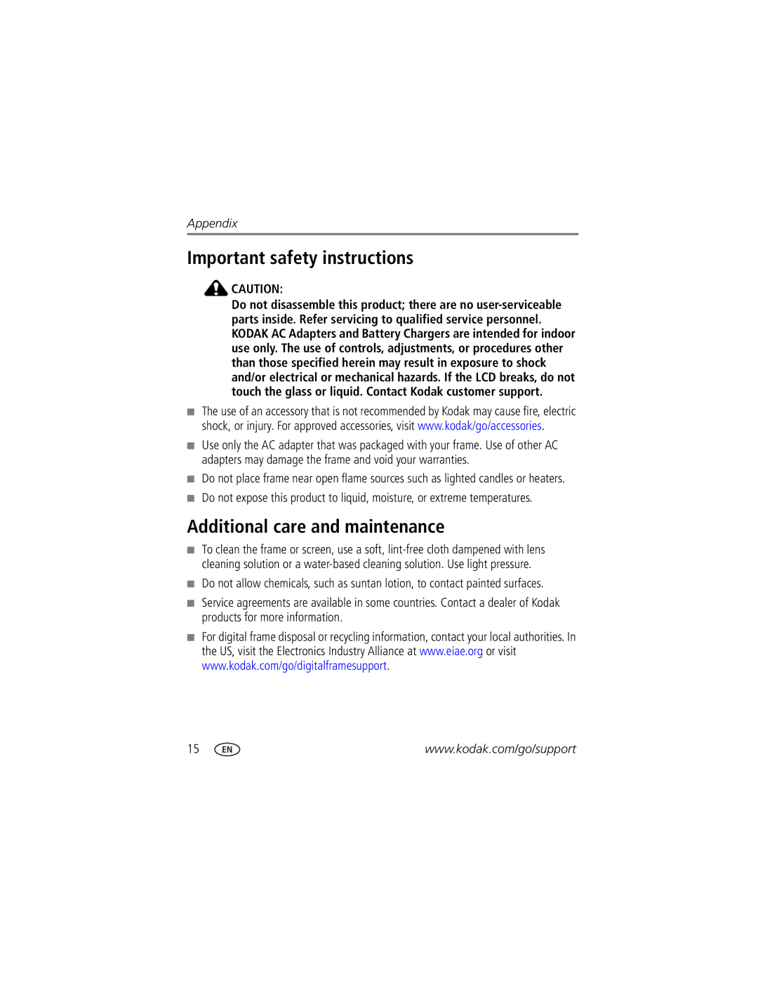 Kodak P85 manual Important safety instructions, Additional care and maintenance 