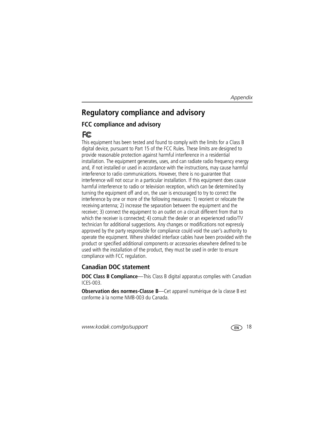 Kodak P85 manual Regulatory compliance and advisory, FCC compliance and advisory, Canadian DOC statement 