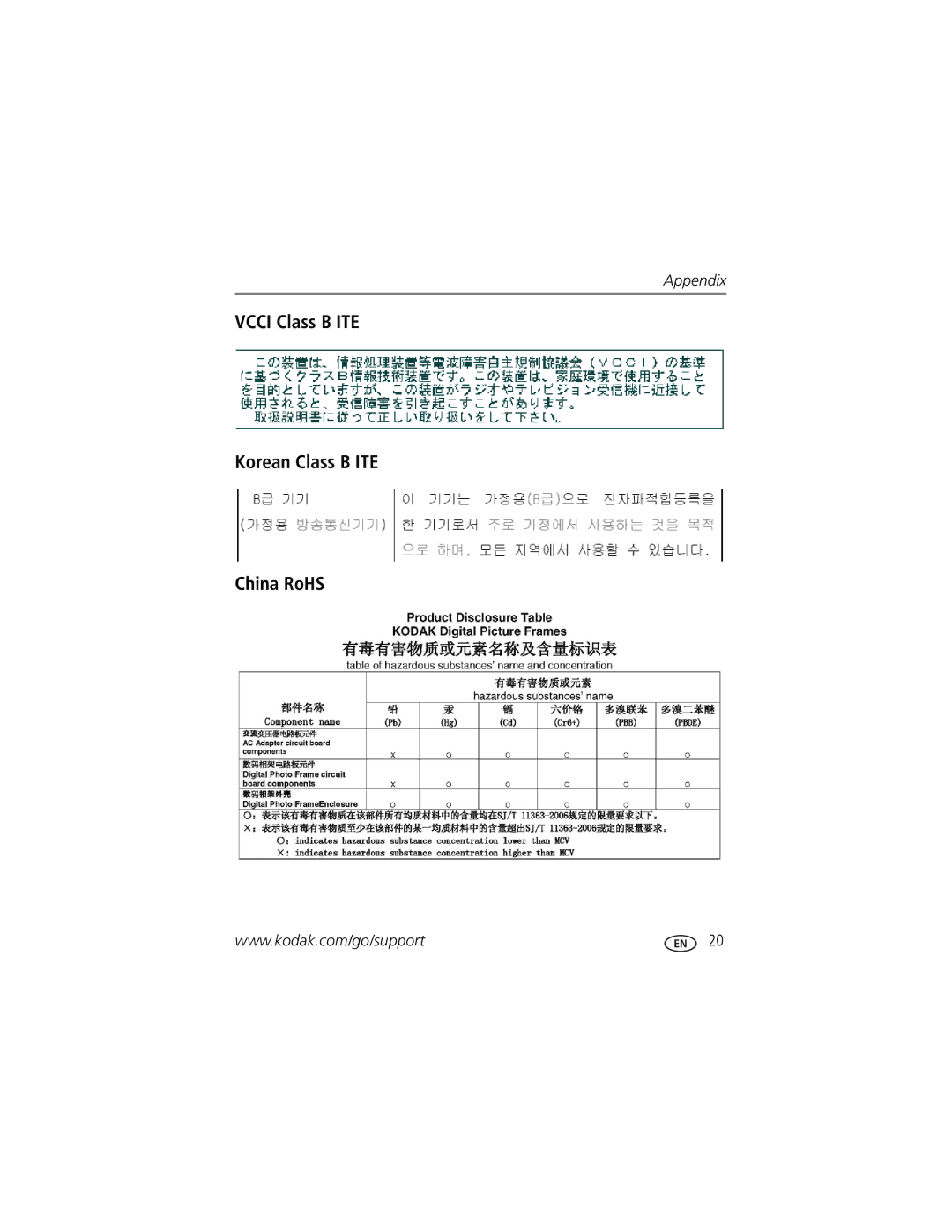 Kodak P85 manual Vcci Class B ITE Korean Class B ITE China RoHS 