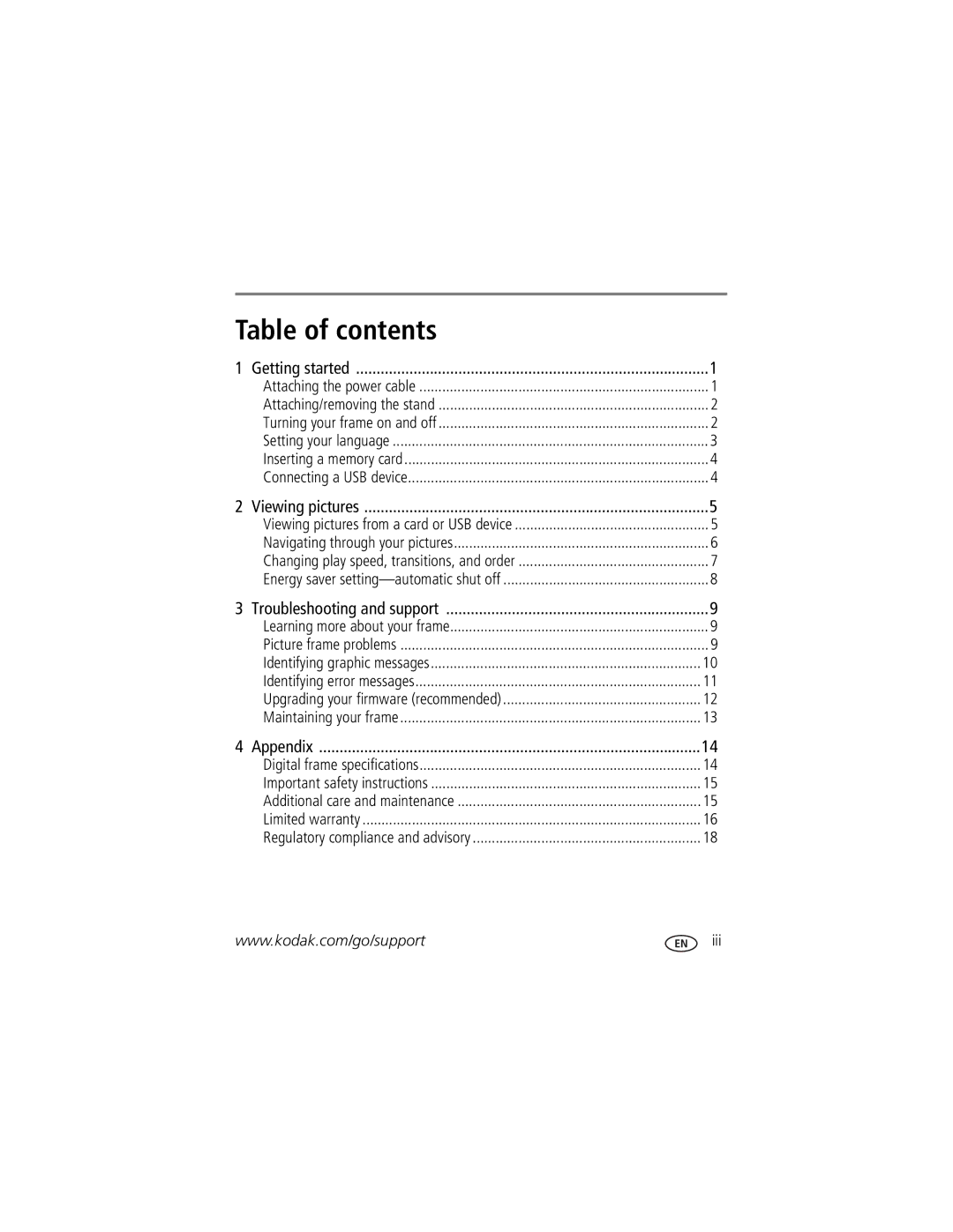 Kodak P85 manual Table of contents 