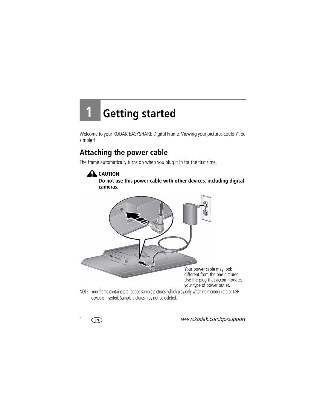 Kodak P85 manual Getting started, Attaching the power cable 