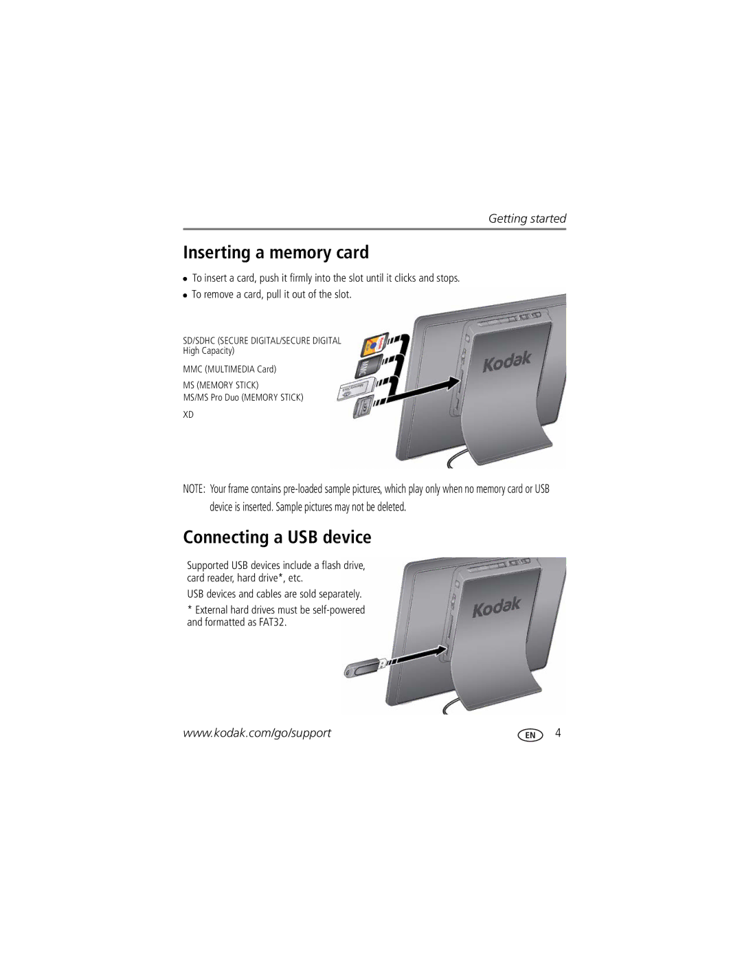 Kodak P85 manual Inserting a memory card, Connecting a USB device 