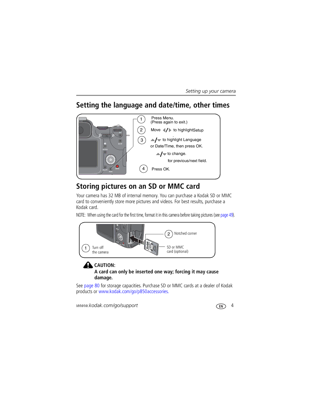 Kodak P850 manual Setting the language and date/time, other times, Storing pictures on an SD or MMC card 