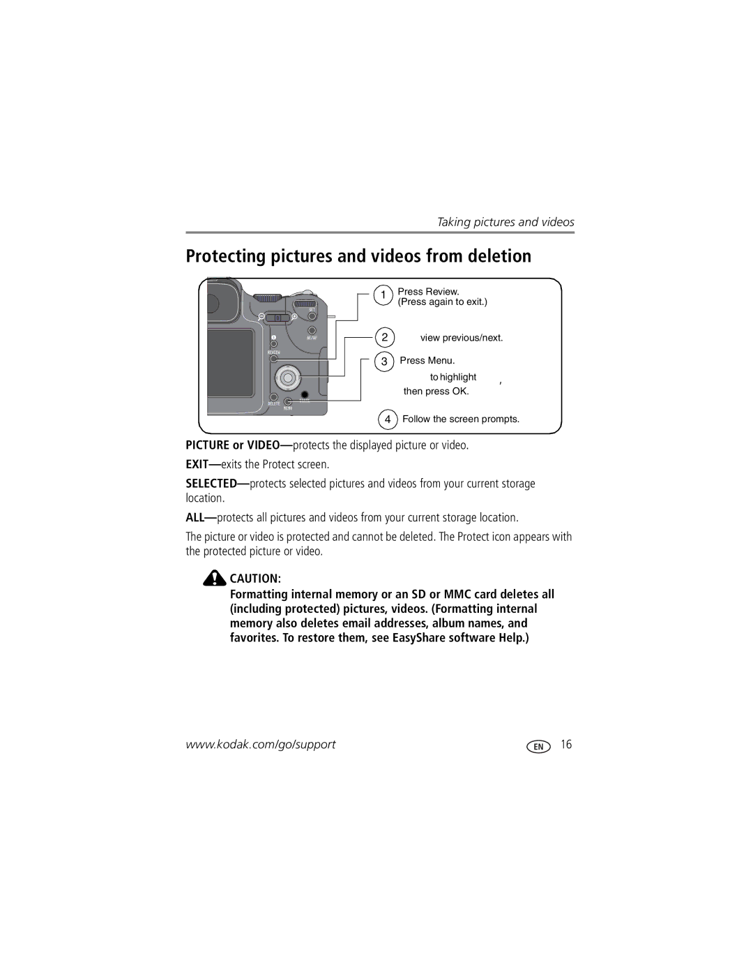 Kodak P850 manual Protecting pictures and videos from deletion 