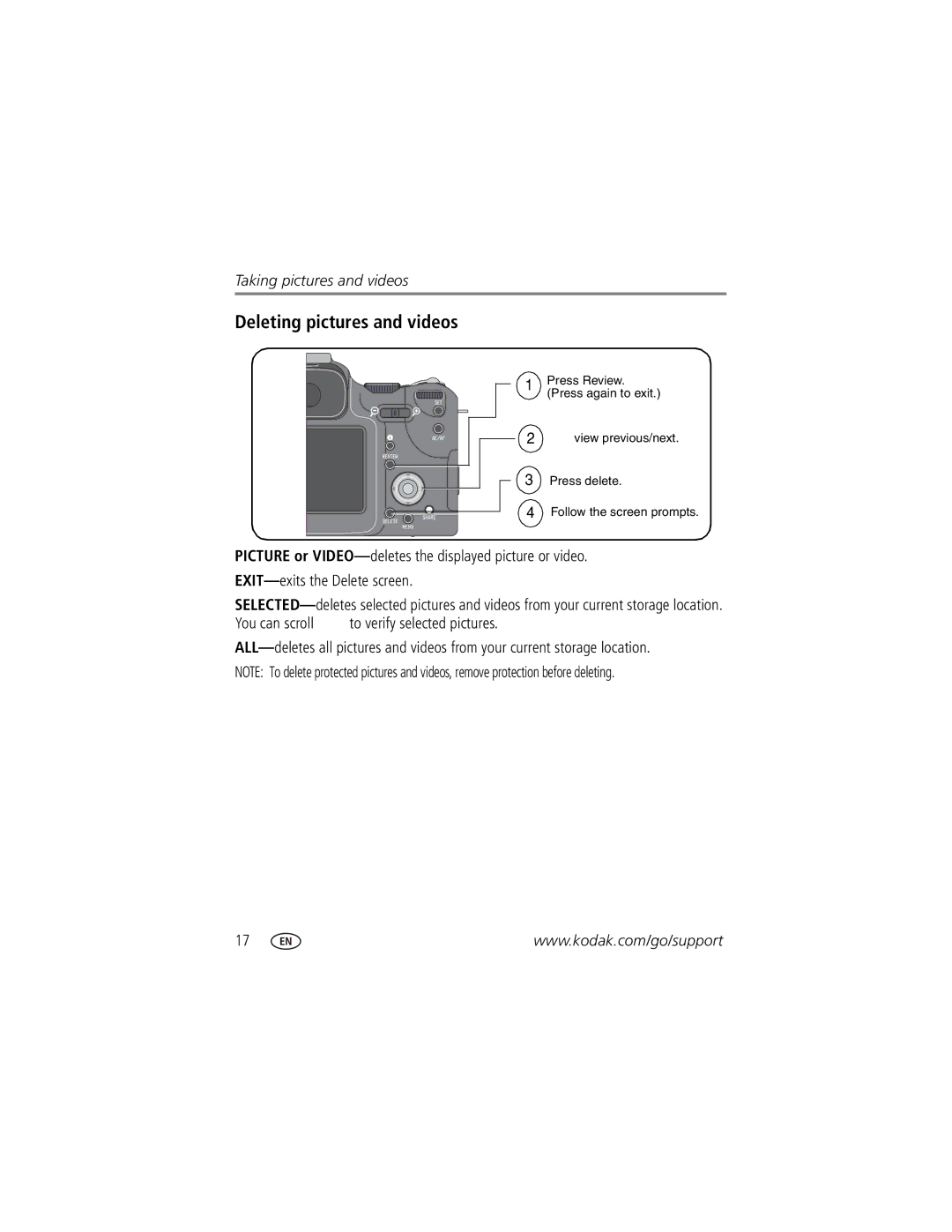 Kodak P850 manual Deleting pictures and videos 