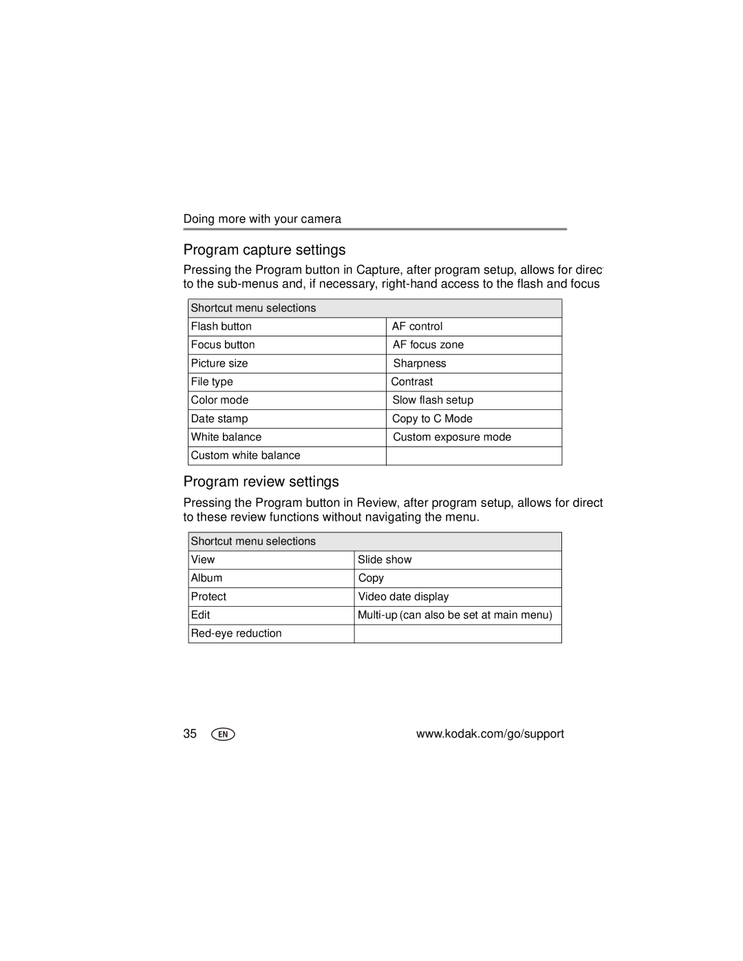 Kodak P850 manual Program capture settings, Program review settings 