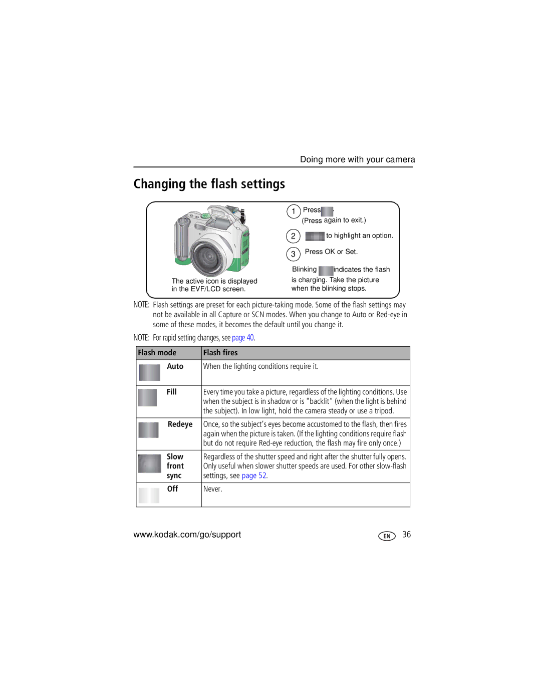 Kodak P850 manual Changing the flash settings 