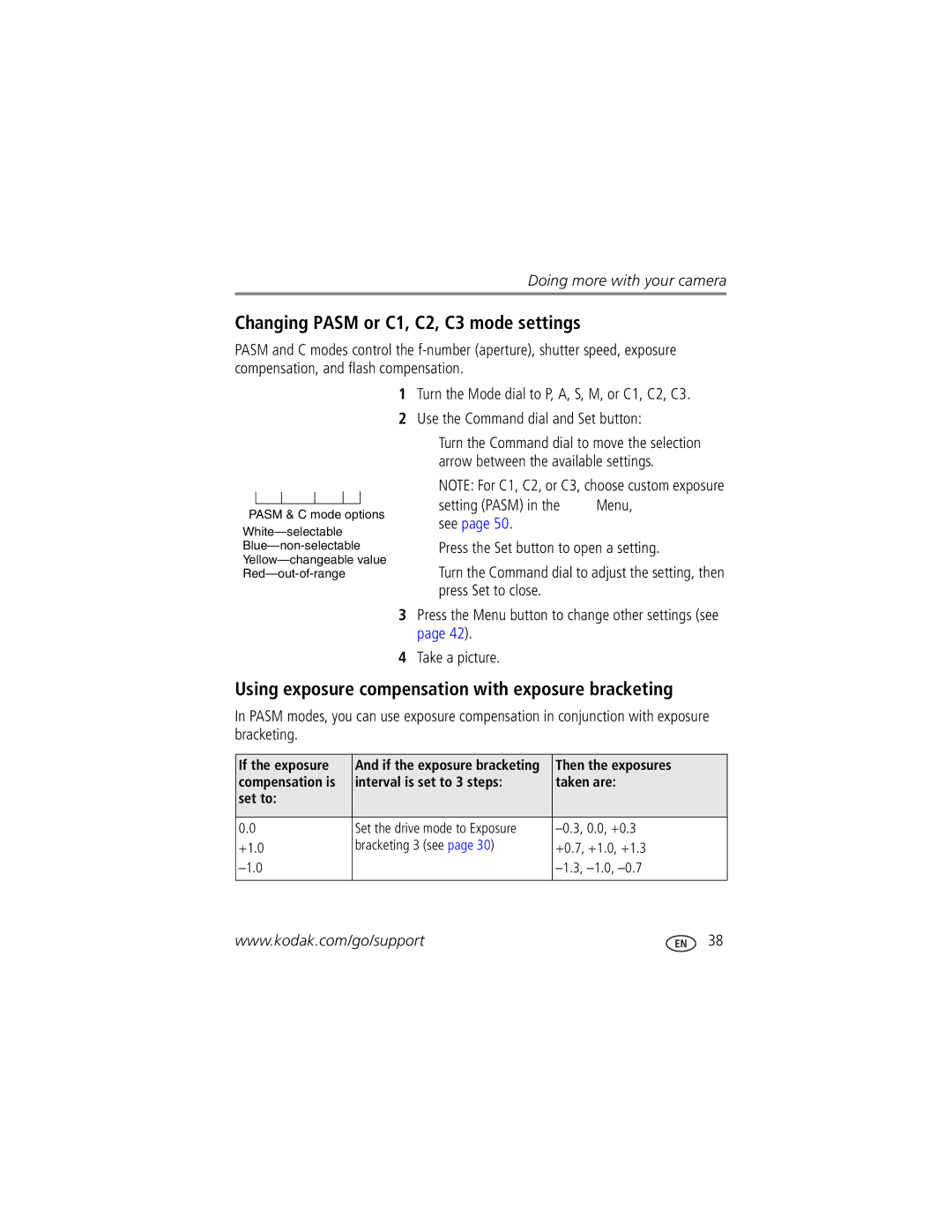 Kodak P850 manual Changing Pasm or C1, C2, C3 mode settings, Using exposure compensation with exposure bracketing 