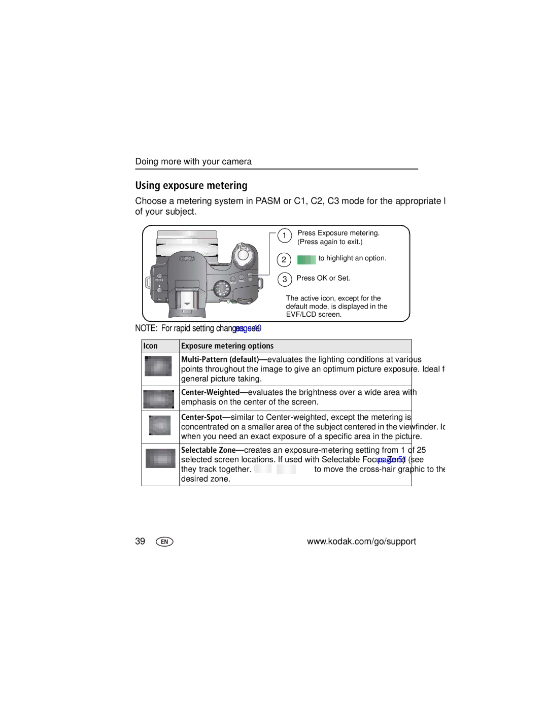 Kodak P850 manual Using exposure metering, Icon Exposure metering options, General picture taking, They track together. Use 