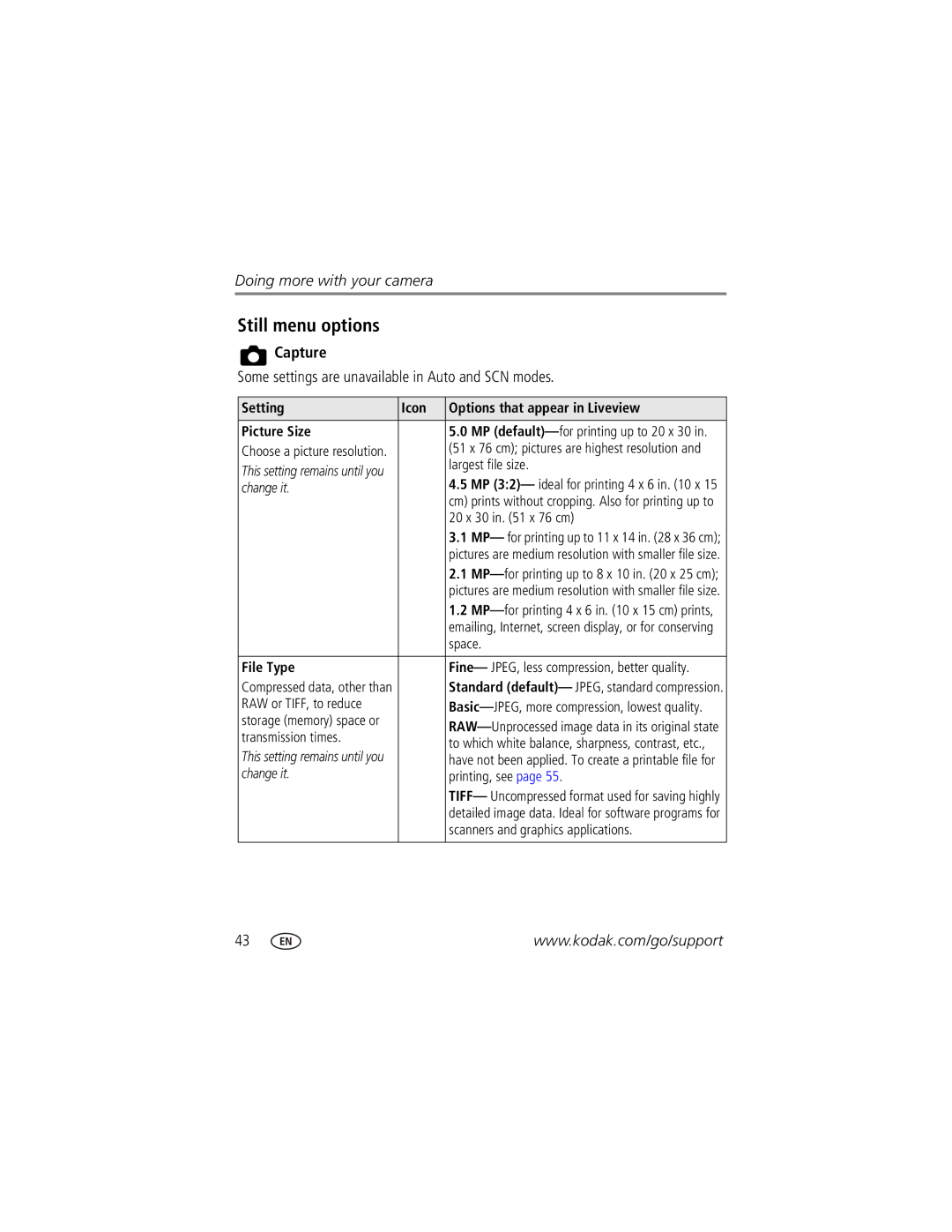 Kodak P850 manual Still menu options, Capture, Some settings are unavailable in Auto and SCN modes 