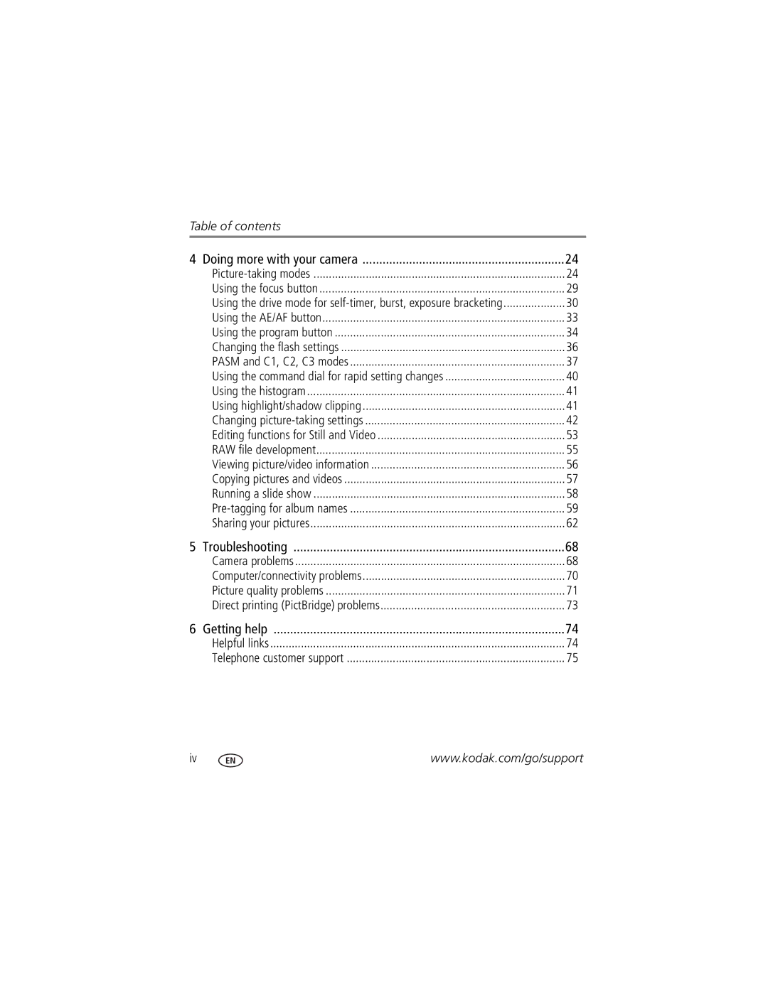 Kodak P850 manual Table of contents 