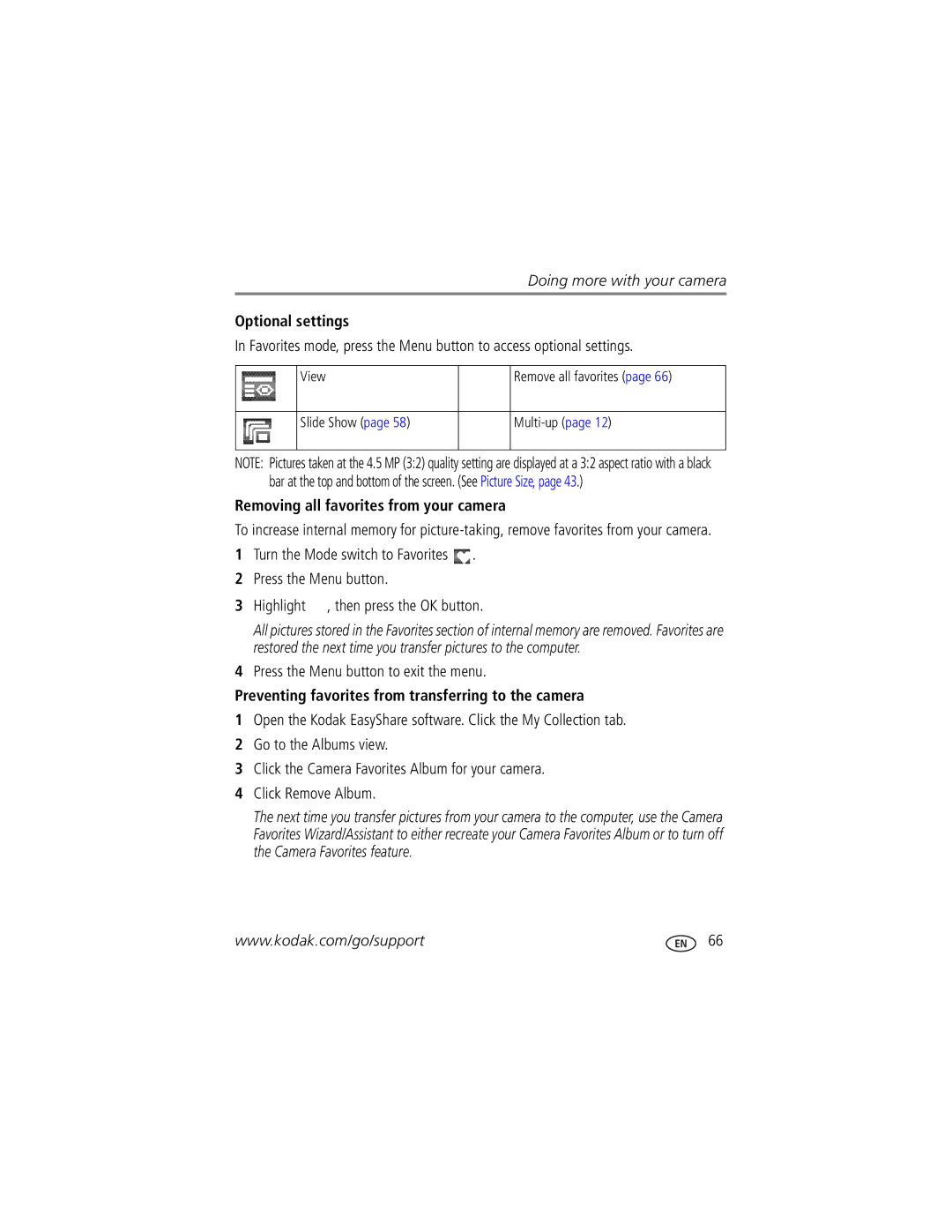 Kodak P850 manual Optional settings, Removing all favorites from your camera, View Remove all favorites Slide Show Multi-up 