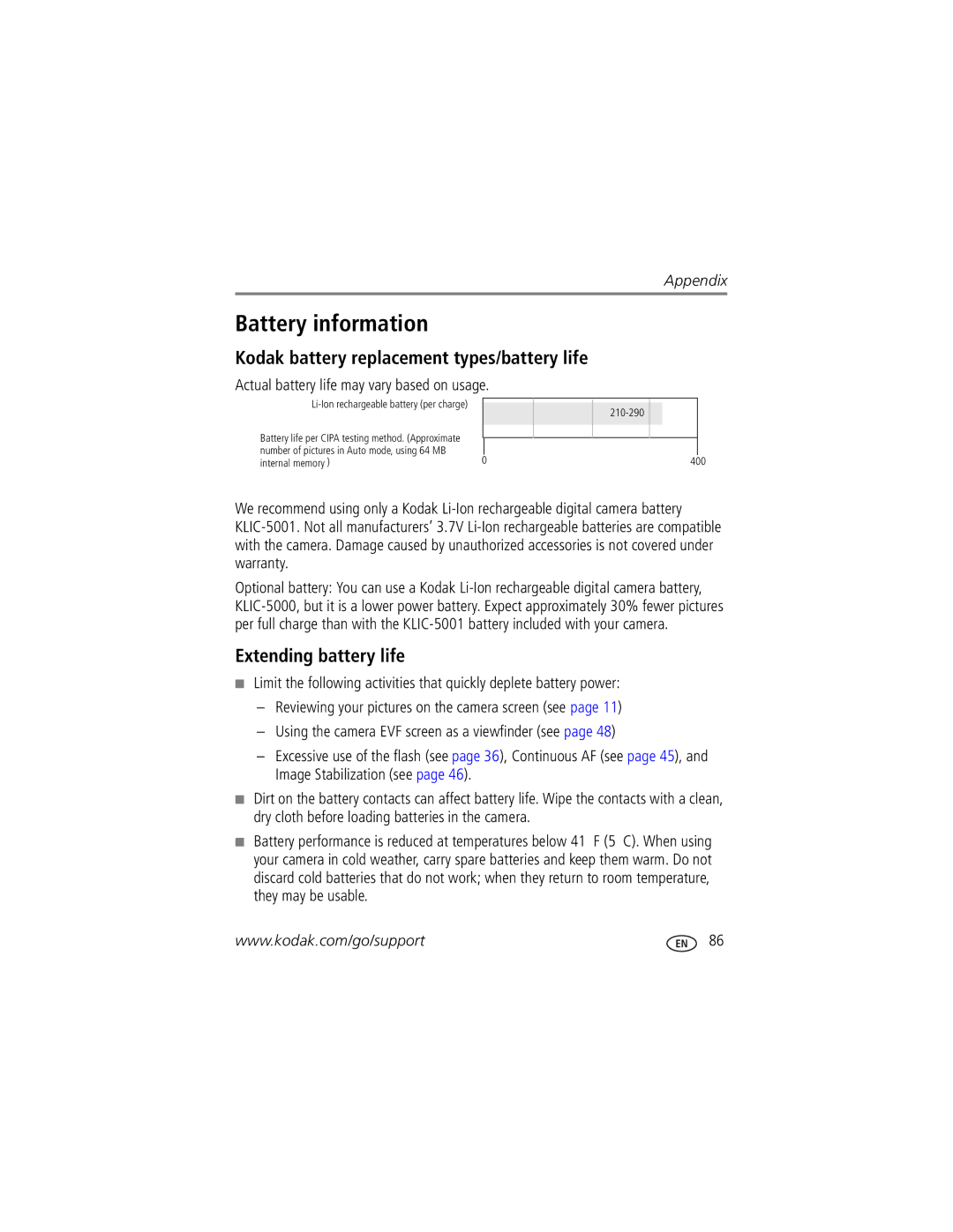 Kodak P850 manual Battery information, Kodak battery replacement types/battery life, Extending battery life 