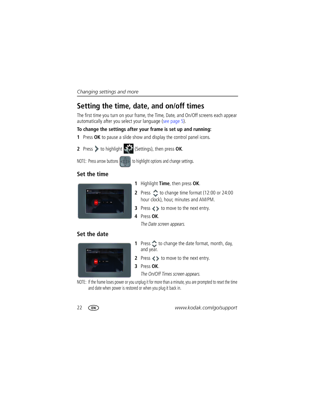 Kodak P87 manual Set the time, Set the date, Highlight Time, then press OK, Press to move to the next entry Press OK 