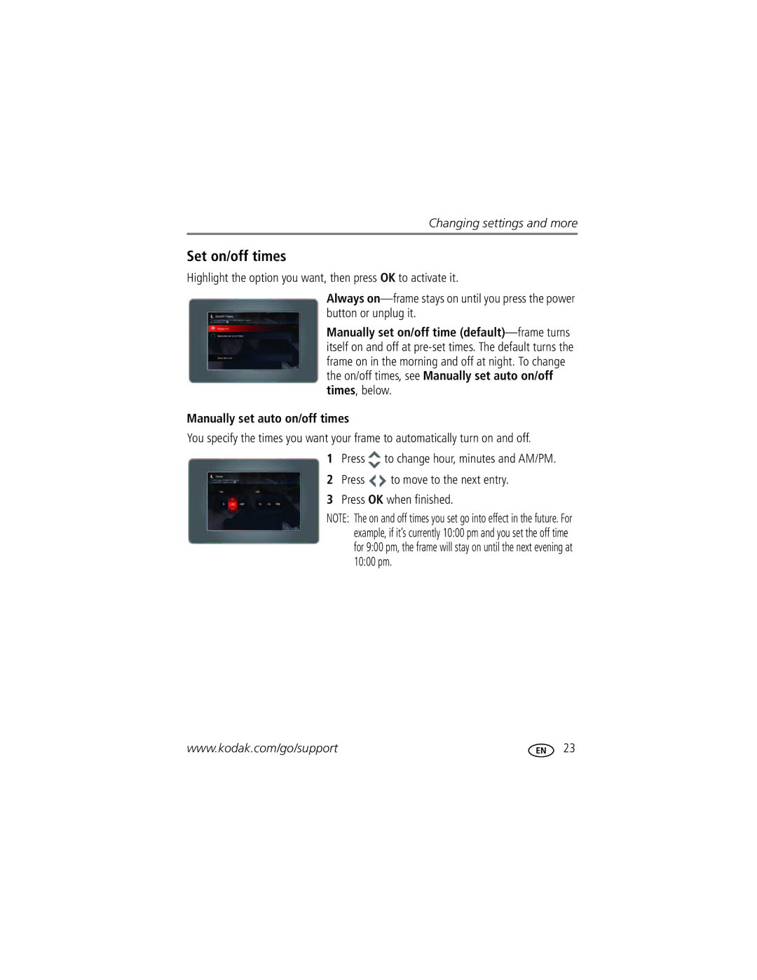 Kodak P87 manual Set on/off times, Manually set auto on/off times 