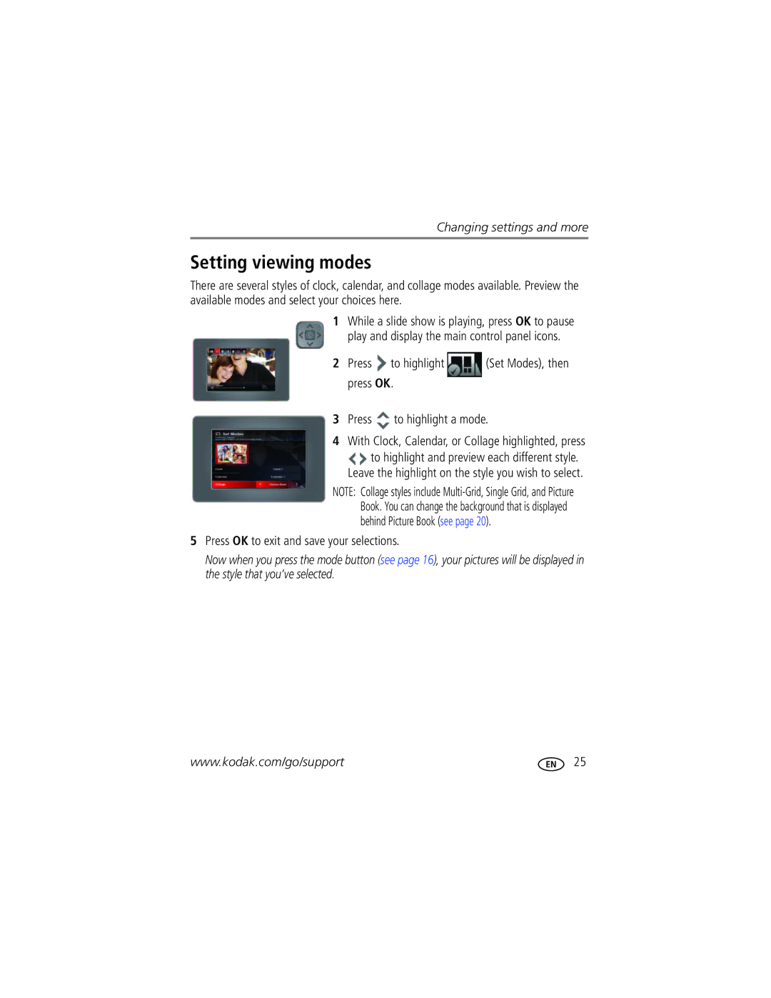 Kodak P87 manual Setting viewing modes, Press OK to exit and save your selections 