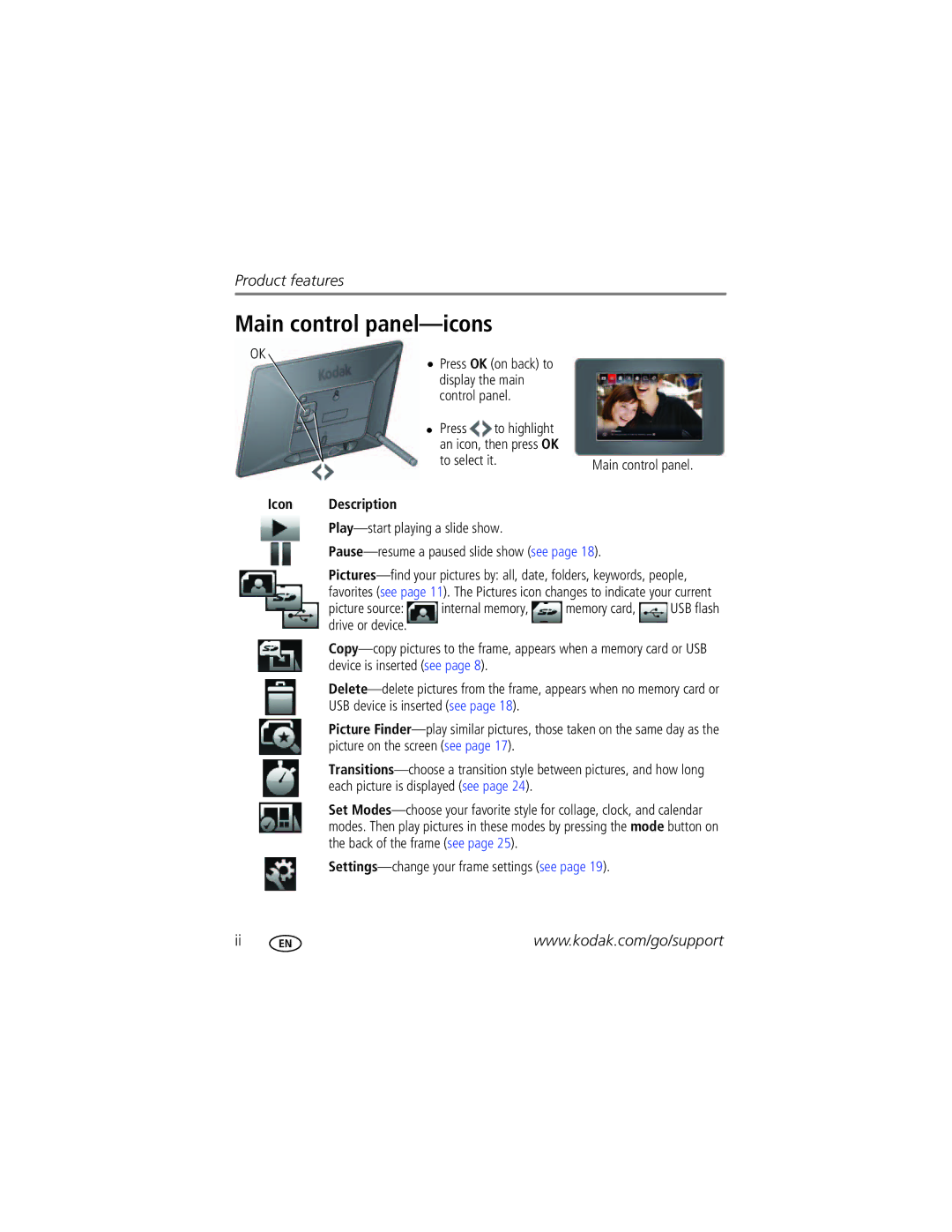 Kodak P87 manual Main control panel-icons, Press to highlight An icon, then press OK To select it, Icon Description 