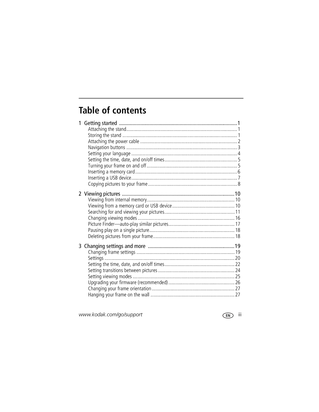 Kodak P87 manual Table of contents 