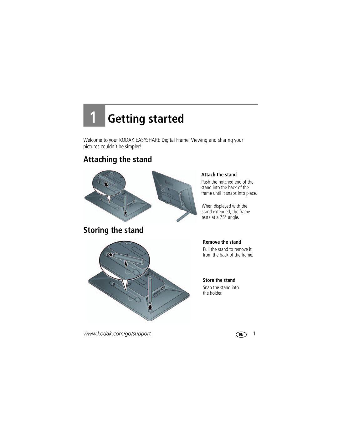 Kodak P87 manual Attaching the stand, Storing the stand, Attach the stand, Remove the stand, Store the stand 