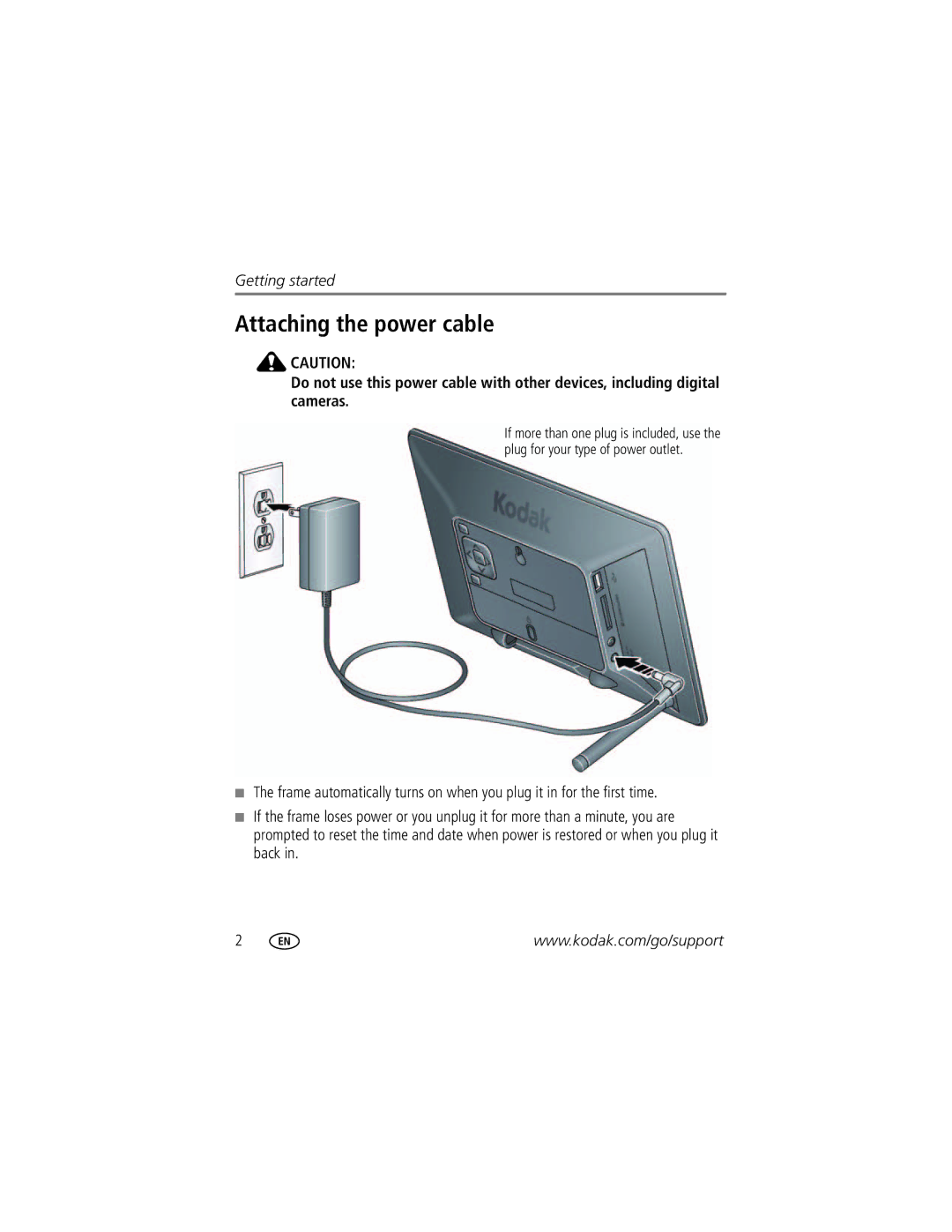 Kodak P87 manual Attaching the power cable 