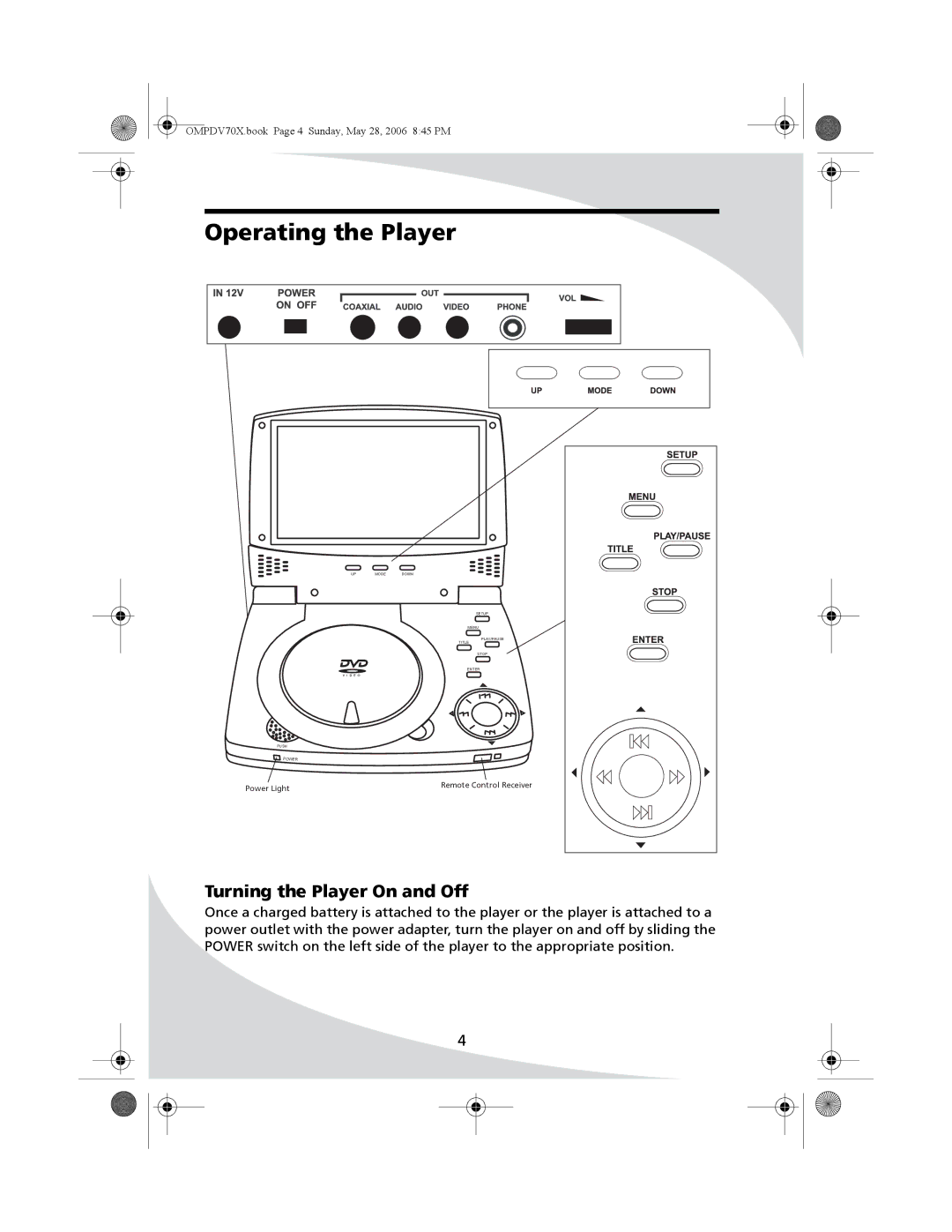 Kodak PDV-70X user manual Operating the Player, Turning the Player On and Off 