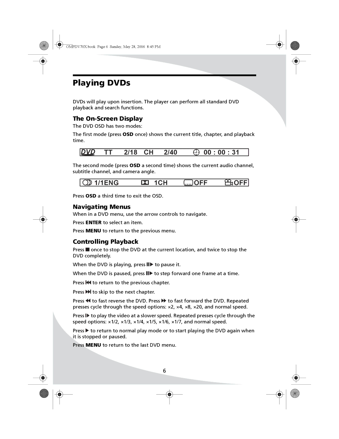 Kodak PDV-70X user manual Playing DVDs, On-Screen Display, Navigating Menus, Controlling Playback 