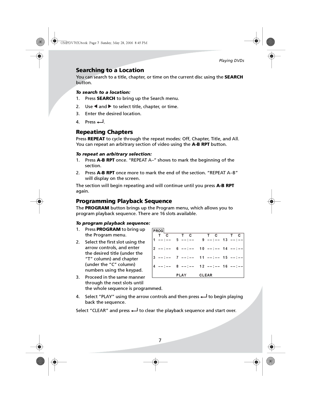 Kodak PDV-70X user manual Searching to a Location, Repeating Chapters, Programming Playback Sequence 