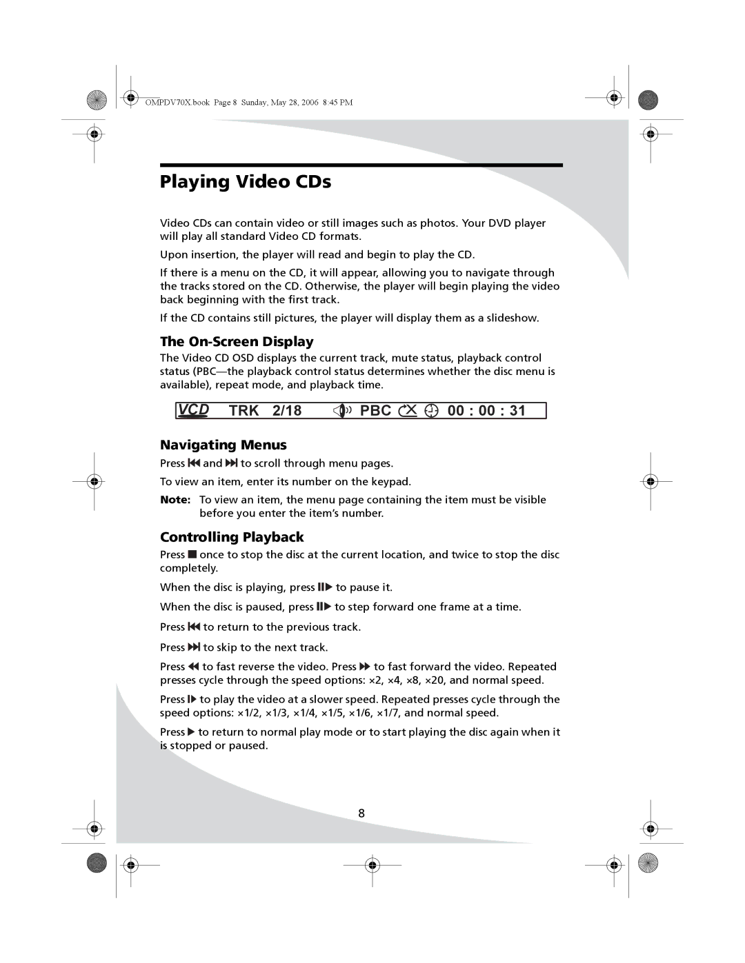 Kodak PDV-70X user manual Playing Video CDs, Pbc 