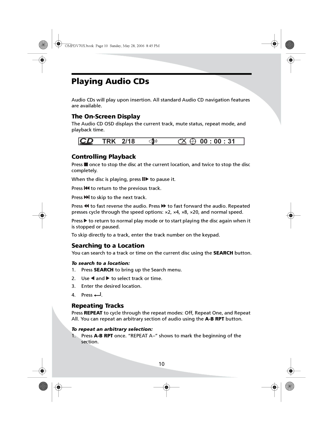 Kodak PDV-70X user manual Playing Audio CDs, CD TRK 2/18 00 00 