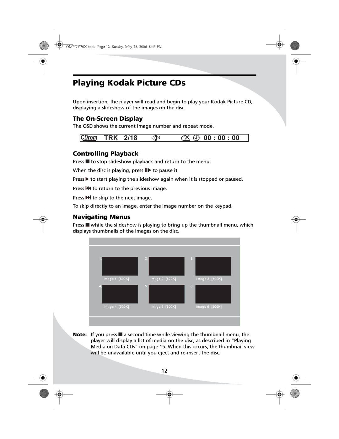 Kodak PDV-70X user manual Playing Kodak Picture CDs, CDrom TRK 2/18 00 00 