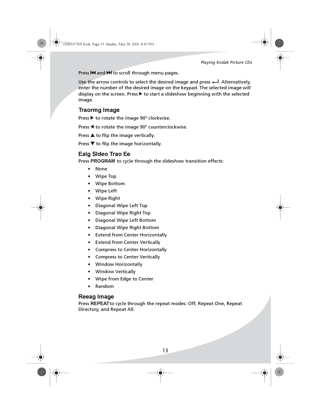 Kodak PDV-70X user manual Transforming Images, Enabling Slideshow Transition Effects, Repeating Images 