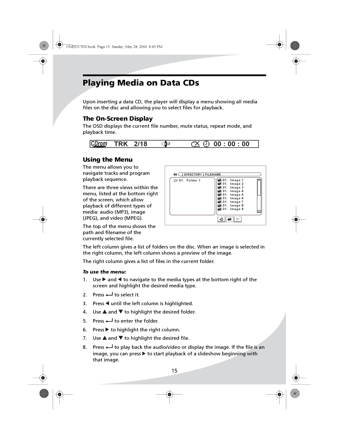 Kodak PDV-70X user manual Playing Media on Data CDs, Using the Menu, To use the menu 