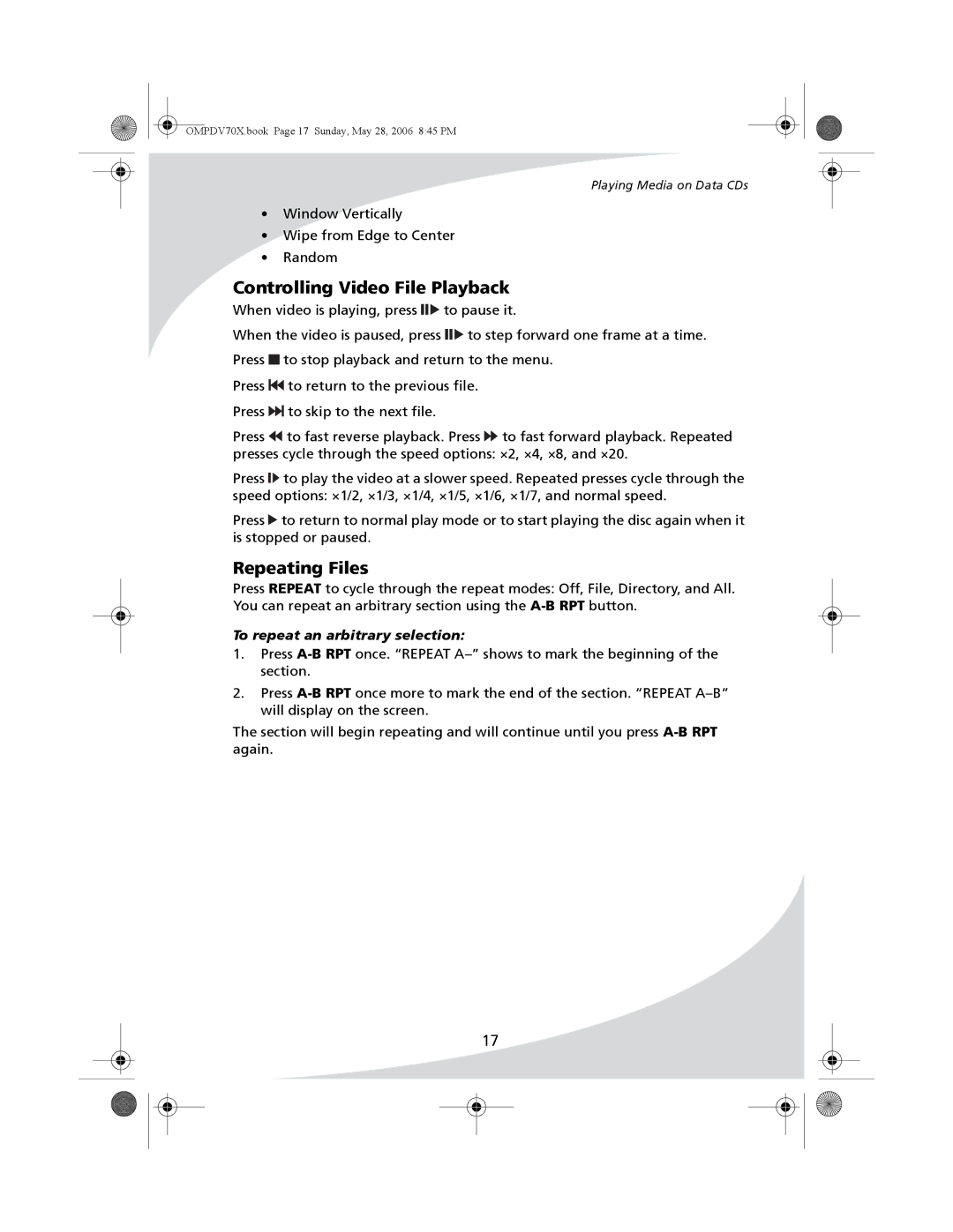 Kodak PDV-70X user manual Controlling Video File Playback, Repeating Files 