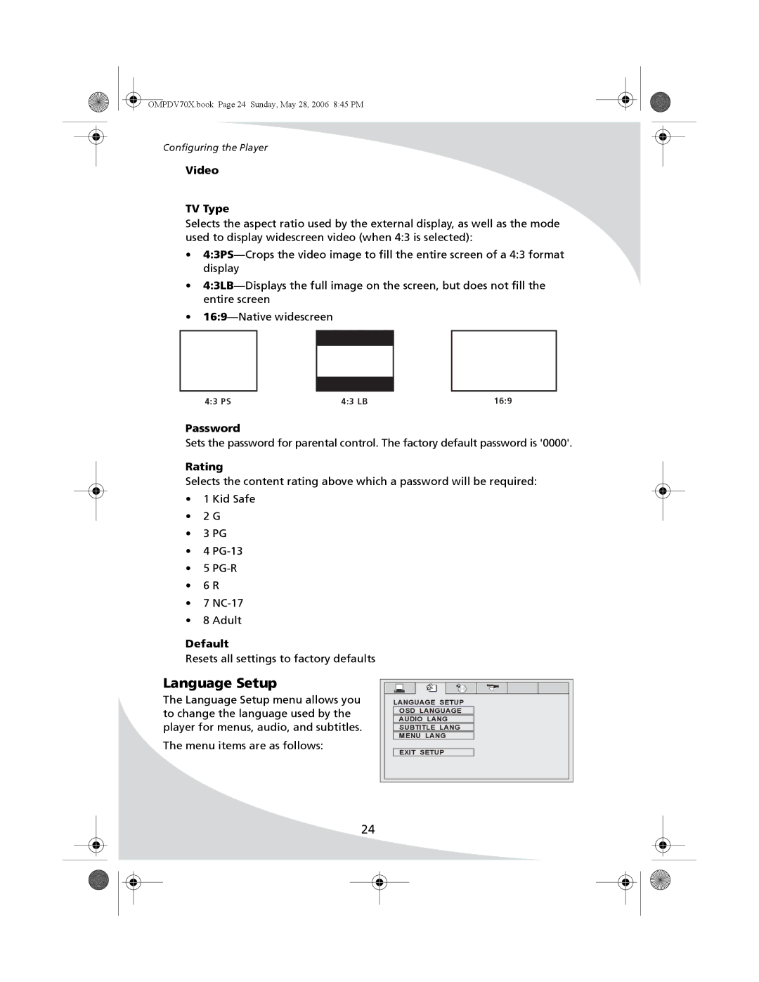 Kodak PDV-70X user manual Language Setup, Video TV Type, Password, Rating, Default 