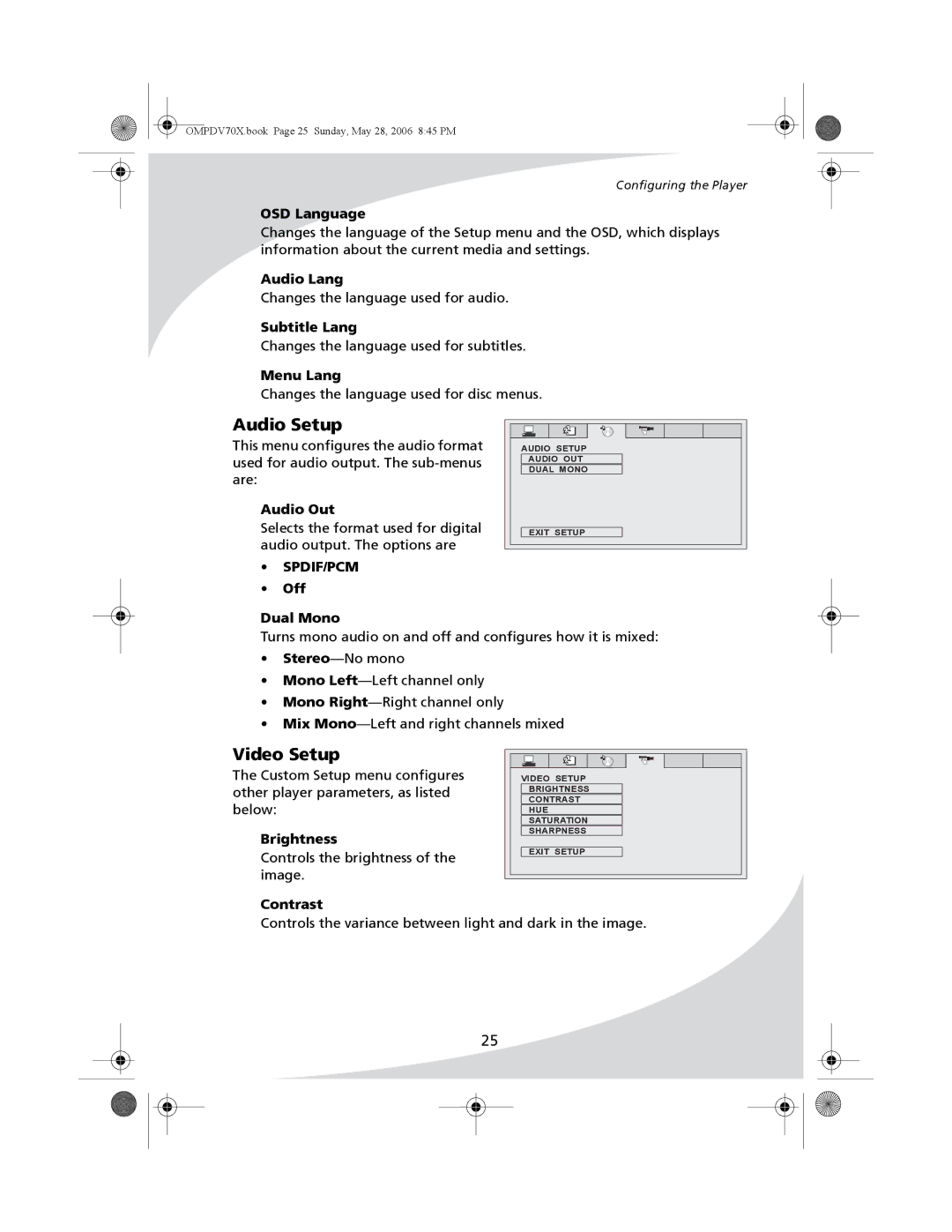 Kodak PDV-70X user manual Audio Setup, Video Setup 