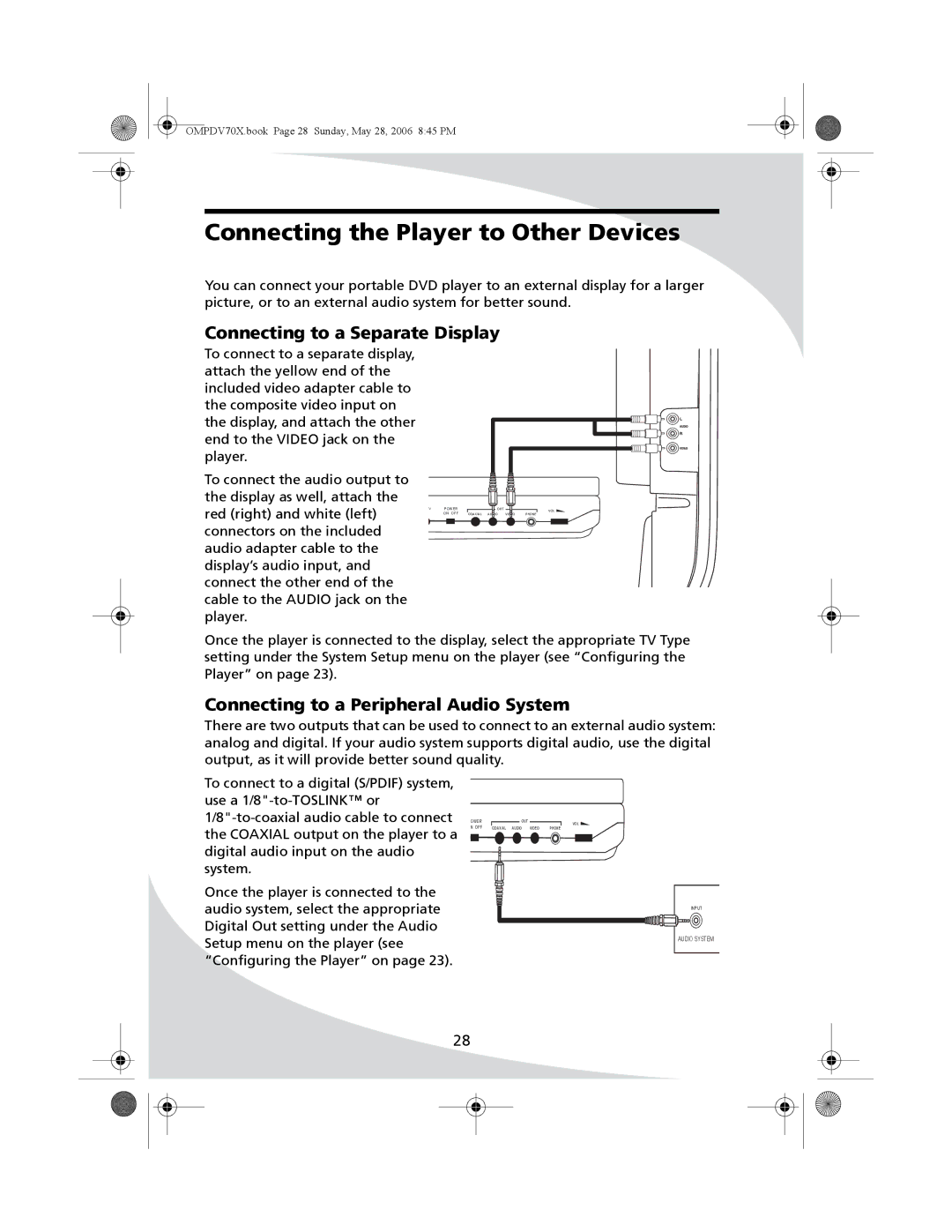 Kodak PDV-70X user manual Connecting the Player to Other Devices, Connecting to a Separate Display 