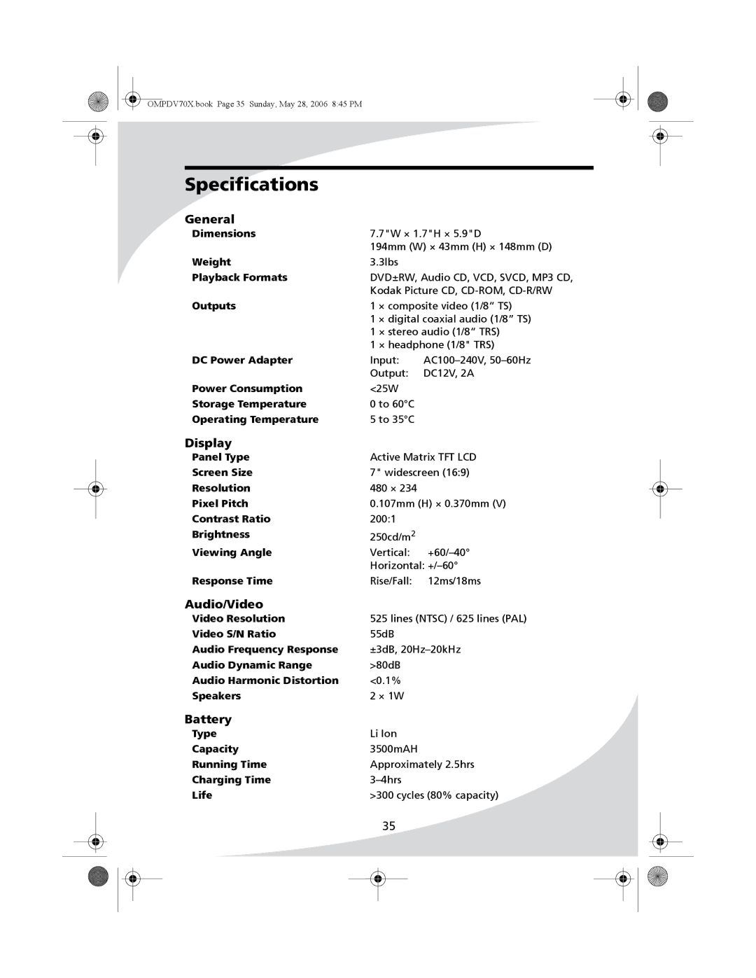 Kodak PDV-70X user manual Specifications, General 