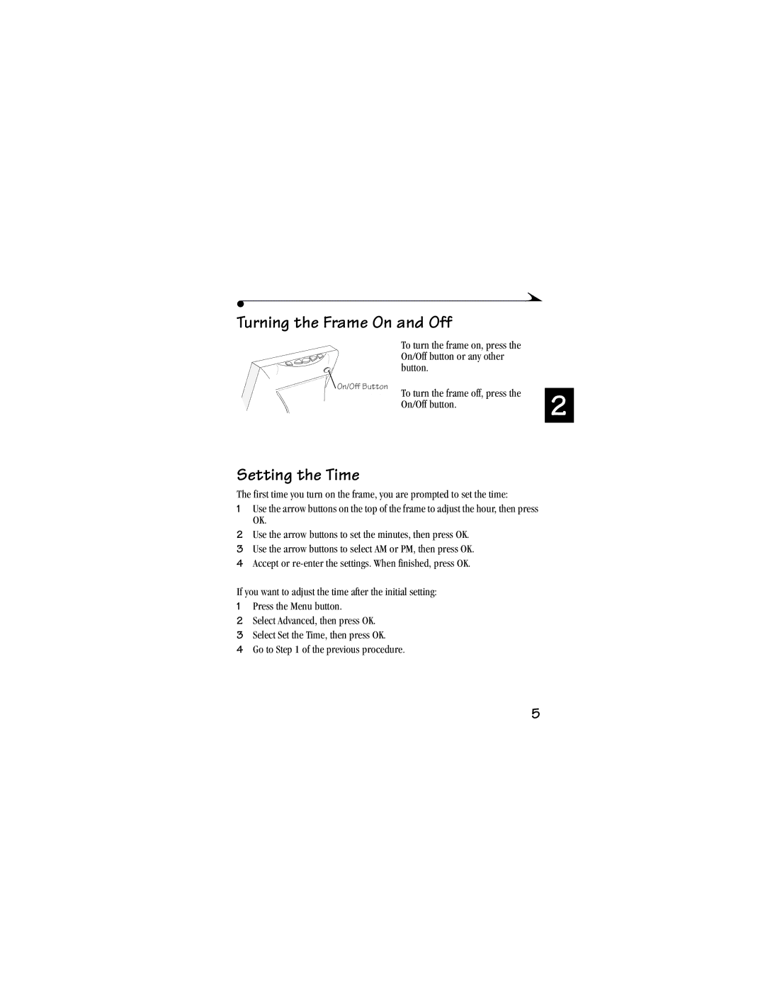 Kodak Picture Frame manual Turning the Frame On and Off, Setting the Time 