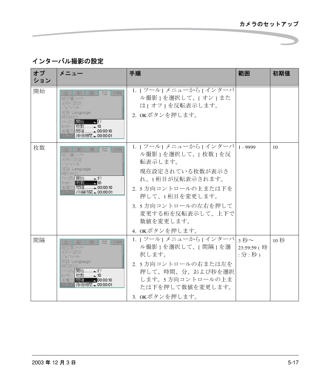 Kodak P/N 6B8991 manual インターバル撮影の設定, メニュー 初期値 ション 