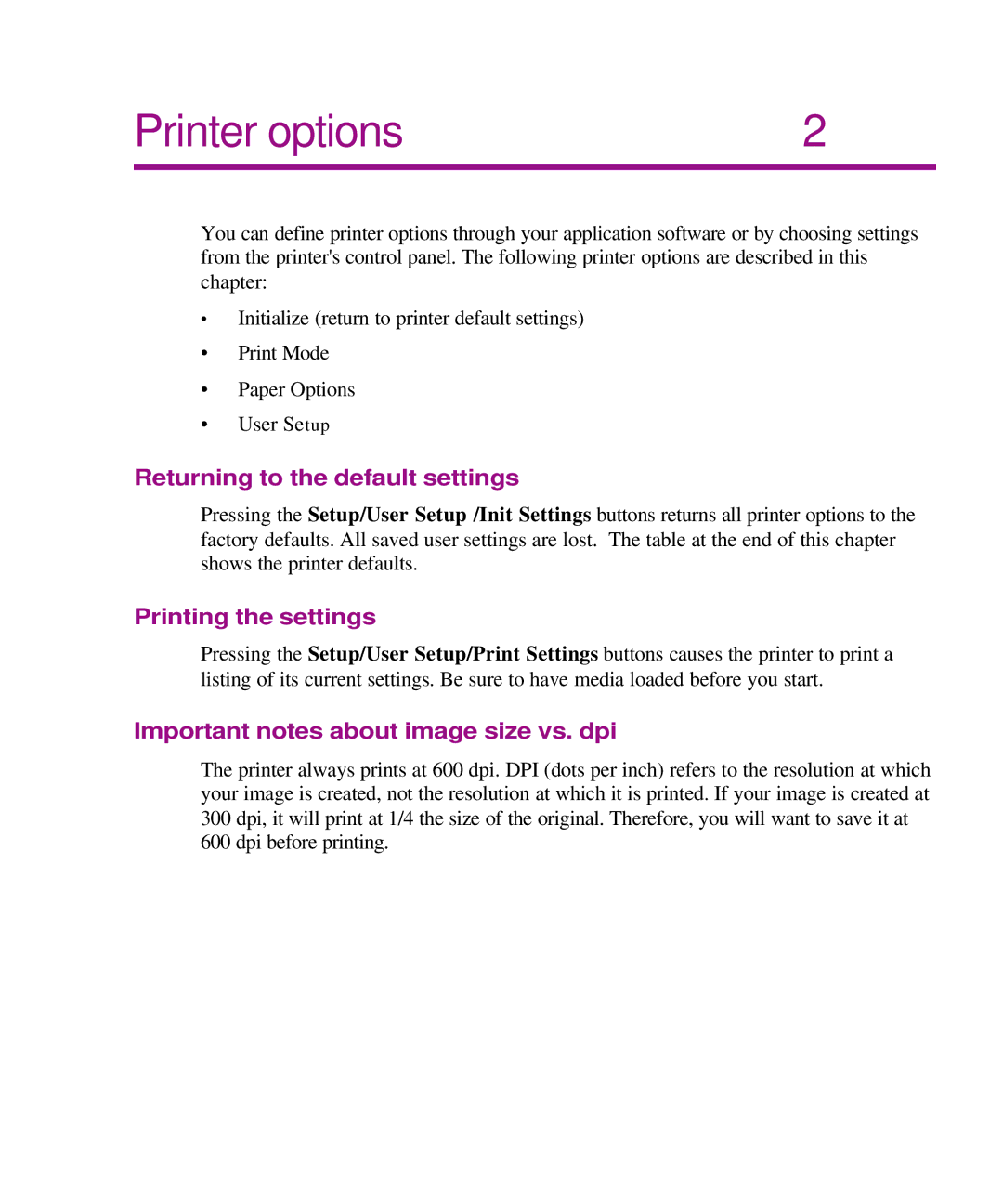 Kodak manual Printer options, Returning to the default settings, Printing the settings 