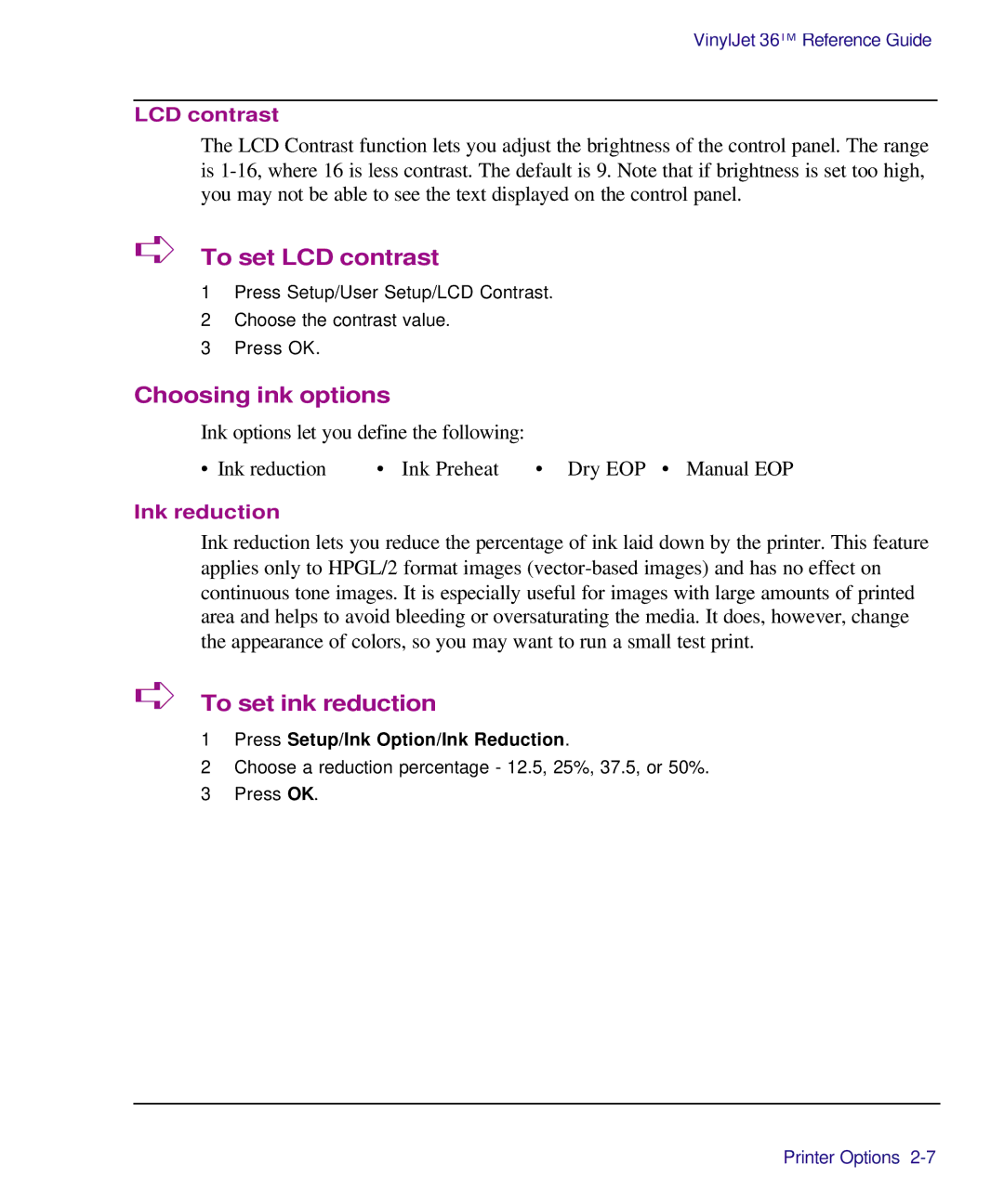 Kodak Printe manual To set LCD contrast, Choosing ink options, To set ink reduction 