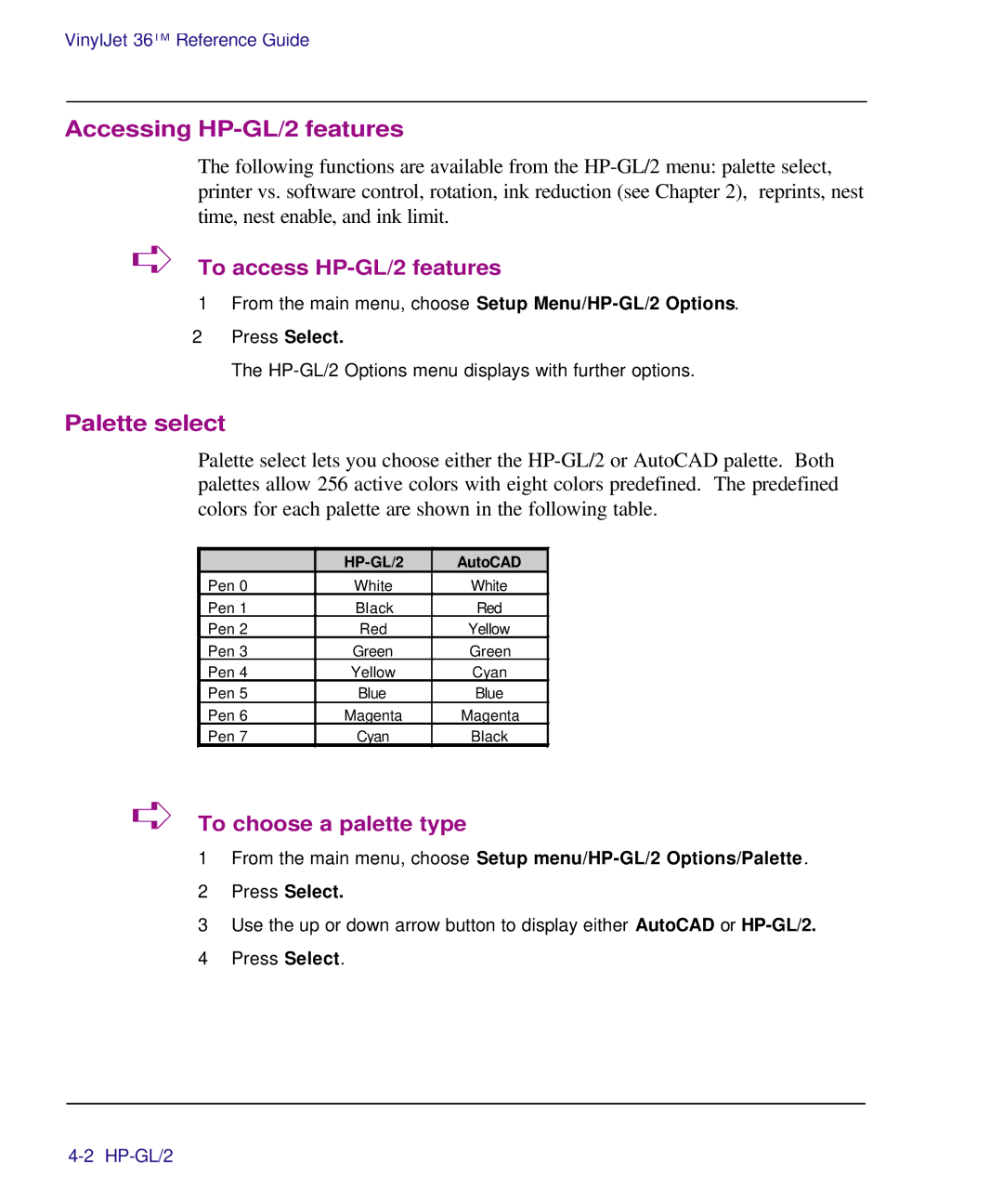 Kodak Printe manual Accessing HP-GL/2 features, Palette select, To access HP-GL/2 features, To choose a palette type 