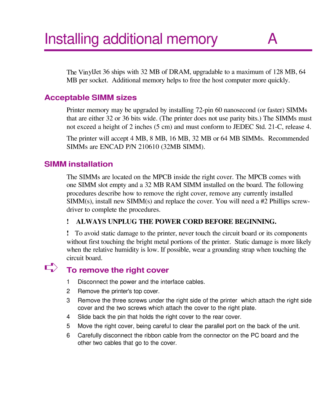 Kodak Printe manual Installing additional memory, Acceptable Simm sizes, Simm installation, To remove the right cover 