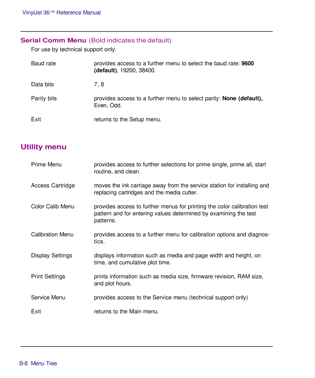 Kodak Printe manual Utility menu, Serial Comm Menu Bold indicates the default 