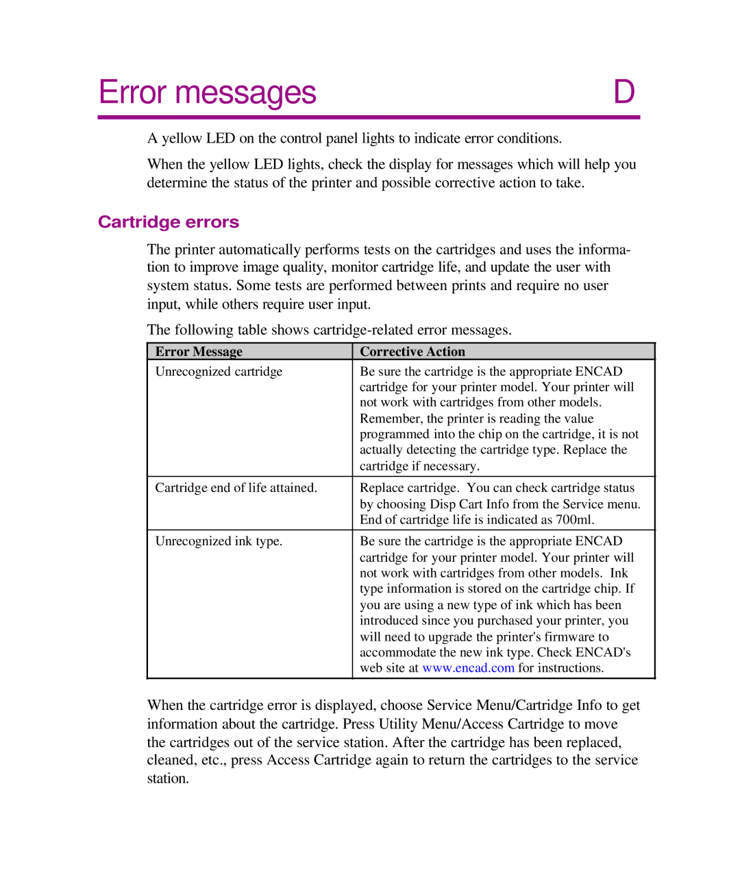 Kodak Printe manual Error messages, Cartridge errors 