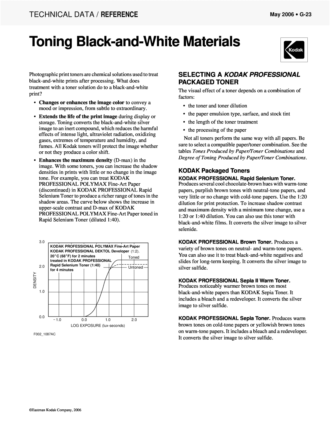 Kodak Printer Accessories manual Selecting A Kodak Professional Packaged Toner, KODAK Packaged Toners, May 2006 G-23 