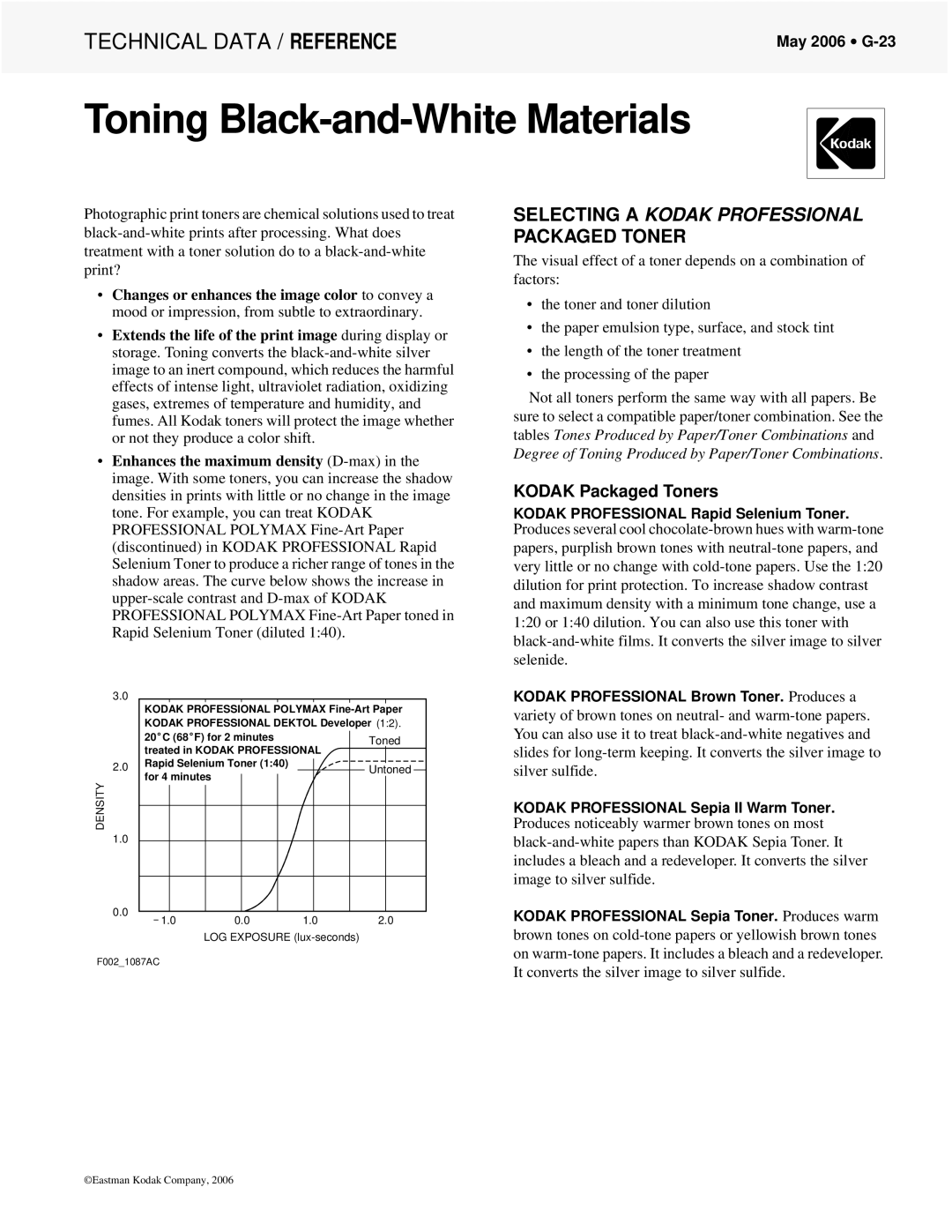 Kodak Printer Accessories manual Selecting a Kodak Professional Packaged Toner, Kodak Packaged Toners, May 2006 G-23 