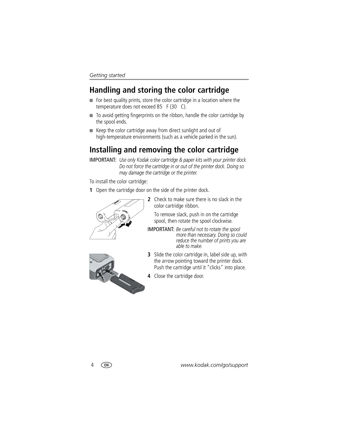 Kodak printer dock manual Handling and storing the color cartridge, Installing and removing the color cartridge 